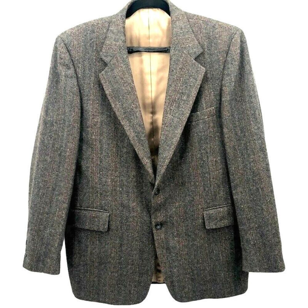 VTG Michael Sterns Sport Coat Blazer 44 Herringbone Wool Tweed Business USA Tan